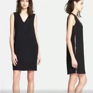 VINCE Leather Trimmed Little Black Dress Sleeveless Minimalist V Neck Size 2